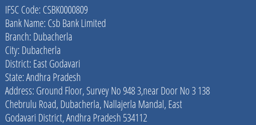 Csb Bank Dubacherla Branch East Godavari IFSC Code CSBK0000809