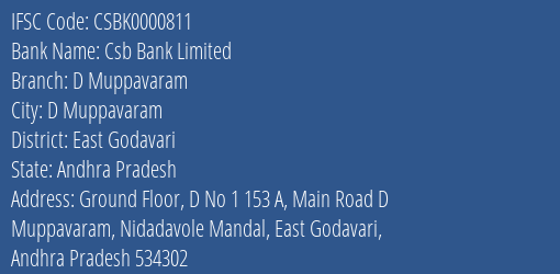 Csb Bank D Muppavaram Branch East Godavari IFSC Code CSBK0000811