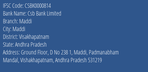 Csb Bank Maddi Branch Visakhapatnam IFSC Code CSBK0000814