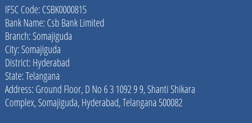 Csb Bank Limited Somajiguda Branch, Branch Code 000815 & IFSC Code Csbk0000815