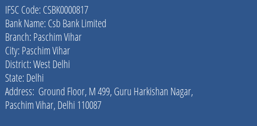 Csb Bank Limited Paschim Vihar Branch, Branch Code 000817 & IFSC Code Csbk0000817