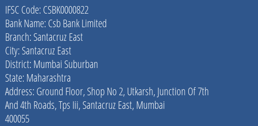 Csb Bank Santacruz East Branch Mumbai Suburban IFSC Code CSBK0000822