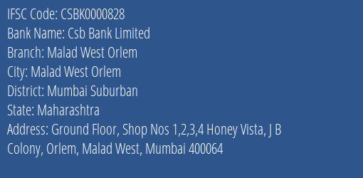 Csb Bank Limited Malad West Orlem Branch, Branch Code 000828 & IFSC Code Csbk0000828