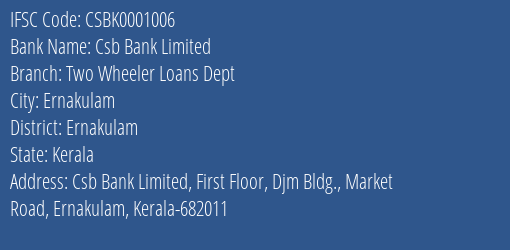 Csb Bank Limited Two Wheeler Loans Dept Branch, Branch Code 001006 & IFSC Code Csbk0001006