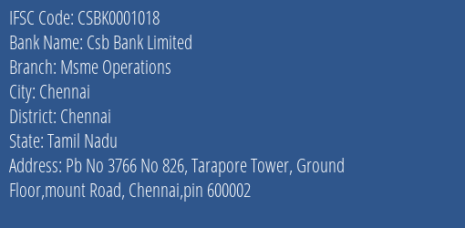 Csb Bank Msme Operations Branch Chennai IFSC Code CSBK0001018