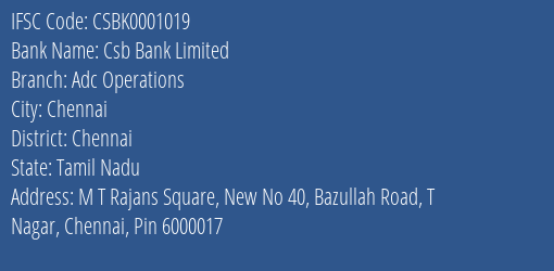 Csb Bank Limited Adc Operations Branch, Branch Code 001019 & IFSC Code Csbk0001019