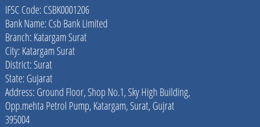 Csb Bank Limited Katargam Surat Branch, Branch Code 001206 & IFSC Code Csbk0001206