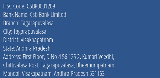 Csb Bank Limited Tagarapuvalasa Branch, Branch Code 001209 & IFSC Code Csbk0001209