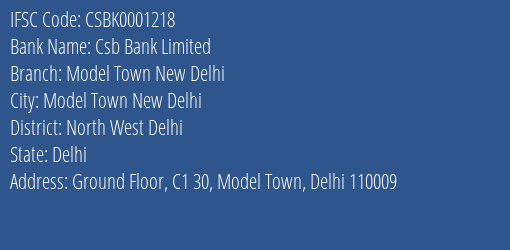 Csb Bank Limited Model Town New Delhi Branch, Branch Code 001218 & IFSC Code Csbk0001218