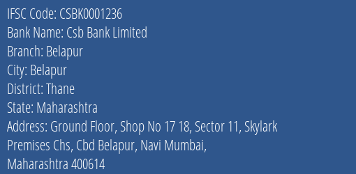 Csb Bank Limited Belapur Branch, Branch Code 001236 & IFSC Code Csbk0001236