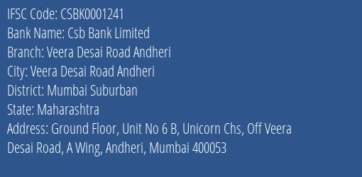 Csb Bank Limited Veera Desai Road Andheri Branch, Branch Code 001241 & IFSC Code Csbk0001241