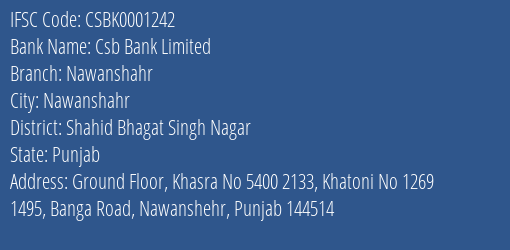 Csb Bank Nawanshahr Branch Shahid Bhagat Singh Nagar IFSC Code CSBK0001242