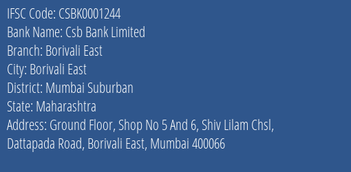 Csb Bank Limited Borivali East Branch, Branch Code 001244 & IFSC Code Csbk0001244