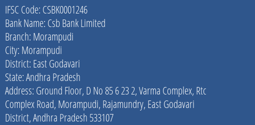 Csb Bank Morampudi Branch East Godavari IFSC Code CSBK0001246