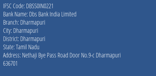 Dbs Bank India Limited Dharmapuri Branch, Branch Code IN0221 & IFSC Code DBSS0IN0221