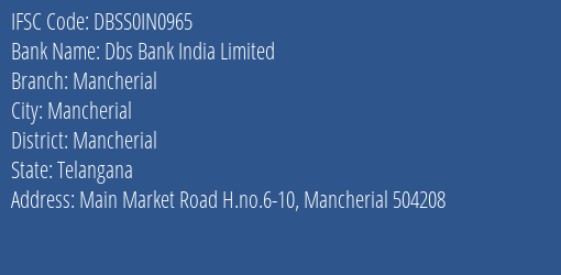 Dbs Bank India Limited Mancherial Branch, Branch Code IN0965 & IFSC Code DBSS0IN0965