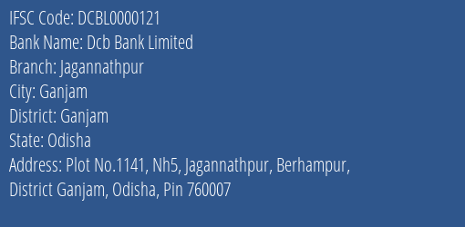Dcb Bank Limited Jagannathpur Branch, Branch Code 000121 & IFSC Code Dcbl0000121