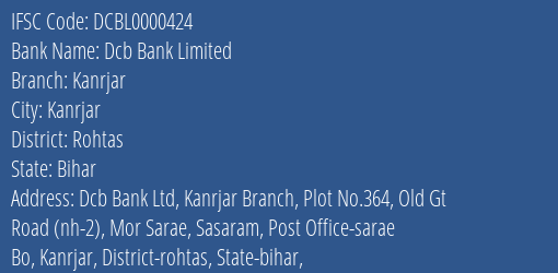 Dcb Bank Limited Kanrjar Branch, Branch Code 000424 & IFSC Code DCBL0000424