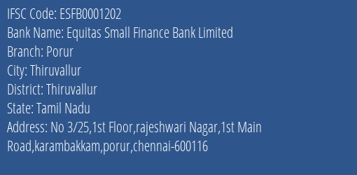 Equitas Small Finance Bank Porur Branch Thiruvallur IFSC Code ESFB0001202