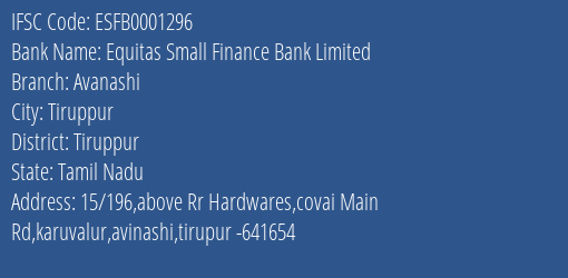 Equitas Small Finance Bank Limited Avanashi Branch, Branch Code 001296 & IFSC Code ESFB0001296