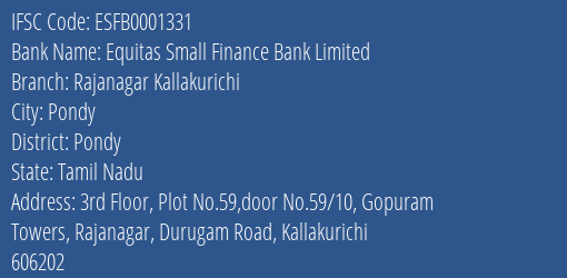 Equitas Small Finance Bank Rajanagar Kallakurichi Branch Pondy IFSC Code ESFB0001331