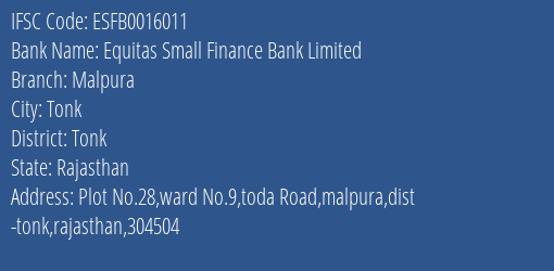 Equitas Small Finance Bank Limited Malpura Branch, Branch Code 016011 & IFSC Code ESFB0016011