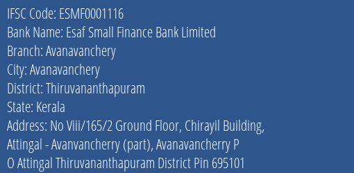 Esaf Small Finance Bank Avanavanchery Branch Thiruvananthapuram IFSC Code ESMF0001116