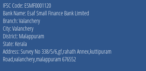 Esaf Small Finance Bank Valanchery Branch Malappuram IFSC Code ESMF0001120