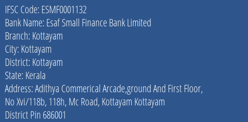 Esaf Small Finance Bank Kottayam Branch Kottayam IFSC Code ESMF0001132