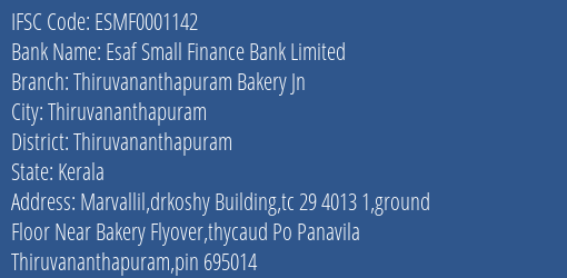 Esaf Small Finance Bank Thiruvananthapuram Bakery Jn Branch Thiruvananthapuram IFSC Code ESMF0001142