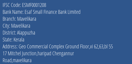 Esaf Small Finance Bank Mavelikara Branch Alappuzha IFSC Code ESMF0001208