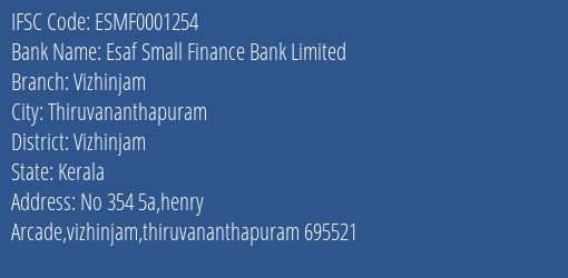Esaf Small Finance Bank Vizhinjam Branch Vizhinjam IFSC Code ESMF0001254
