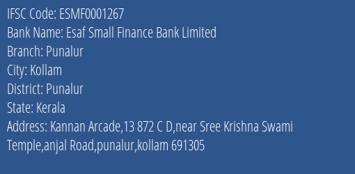Esaf Small Finance Bank Punalur Branch Punalur IFSC Code ESMF0001267