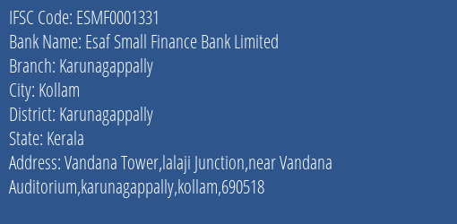 Esaf Small Finance Bank Karunagappally Branch Karunagappally IFSC Code ESMF0001331