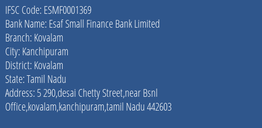 Esaf Small Finance Bank Kovalam Branch Kovalam IFSC Code ESMF0001369