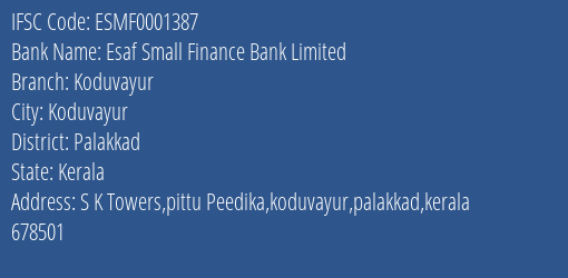 Esaf Small Finance Bank Koduvayur Branch Palakkad IFSC Code ESMF0001387