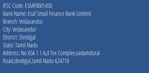Esaf Small Finance Bank Vedasandur Branch Dindigal IFSC Code ESMF0001450