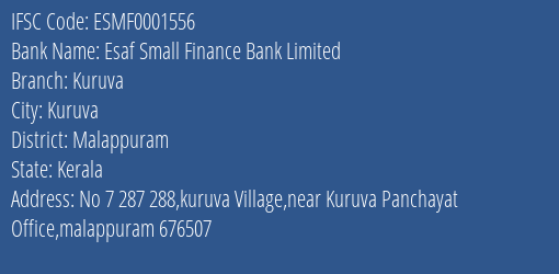 Esaf Small Finance Bank Kuruva Branch Malappuram IFSC Code ESMF0001556