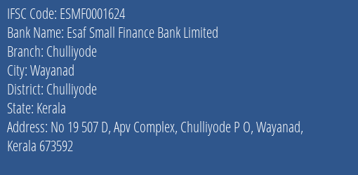 Esaf Small Finance Bank Chulliyode Branch Chulliyode IFSC Code ESMF0001624