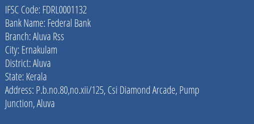 Federal Bank Aluva Rss Branch Aluva IFSC Code FDRL0001132