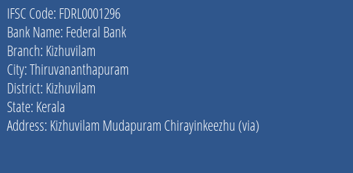 Federal Bank Kizhuvilam Branch Kizhuvilam IFSC Code FDRL0001296