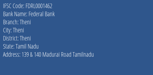 Federal Bank Theni Branch Theni IFSC Code FDRL0001462