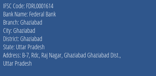 Federal Bank Ghaziabad Branch, Branch Code 001614 & IFSC Code FDRL0001614