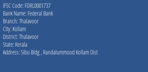 Federal Bank Thalavoor Branch Thalavoor IFSC Code FDRL0001737
