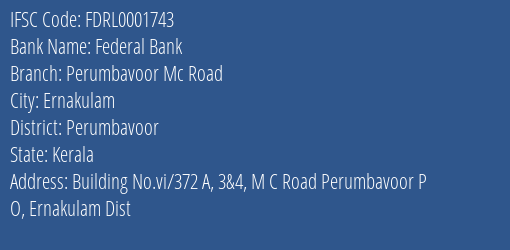 Federal Bank Perumbavoor Mc Road Branch Perumbavoor IFSC Code FDRL0001743