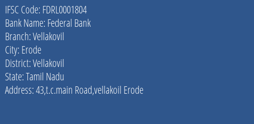 Federal Bank Vellakovil Branch Vellakovil IFSC Code FDRL0001804