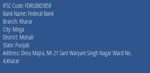 Federal Bank Kharar Branch Mohali IFSC Code FDRL0001859