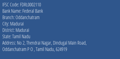 Federal Bank Oddanchatram Branch Madurai IFSC Code FDRL0002110