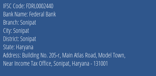 Federal Bank Sonipat Branch, Branch Code 002440 & IFSC Code FDRL0002440