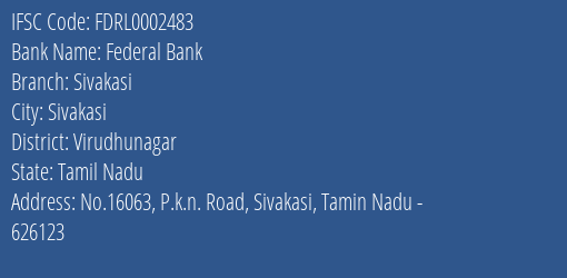 Federal Bank Sivakasi Branch Virudhunagar IFSC Code FDRL0002483